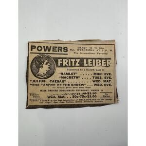 Fritz Leiber Ticket Powers Matinee Cast Shakespeare American Mercury Antique